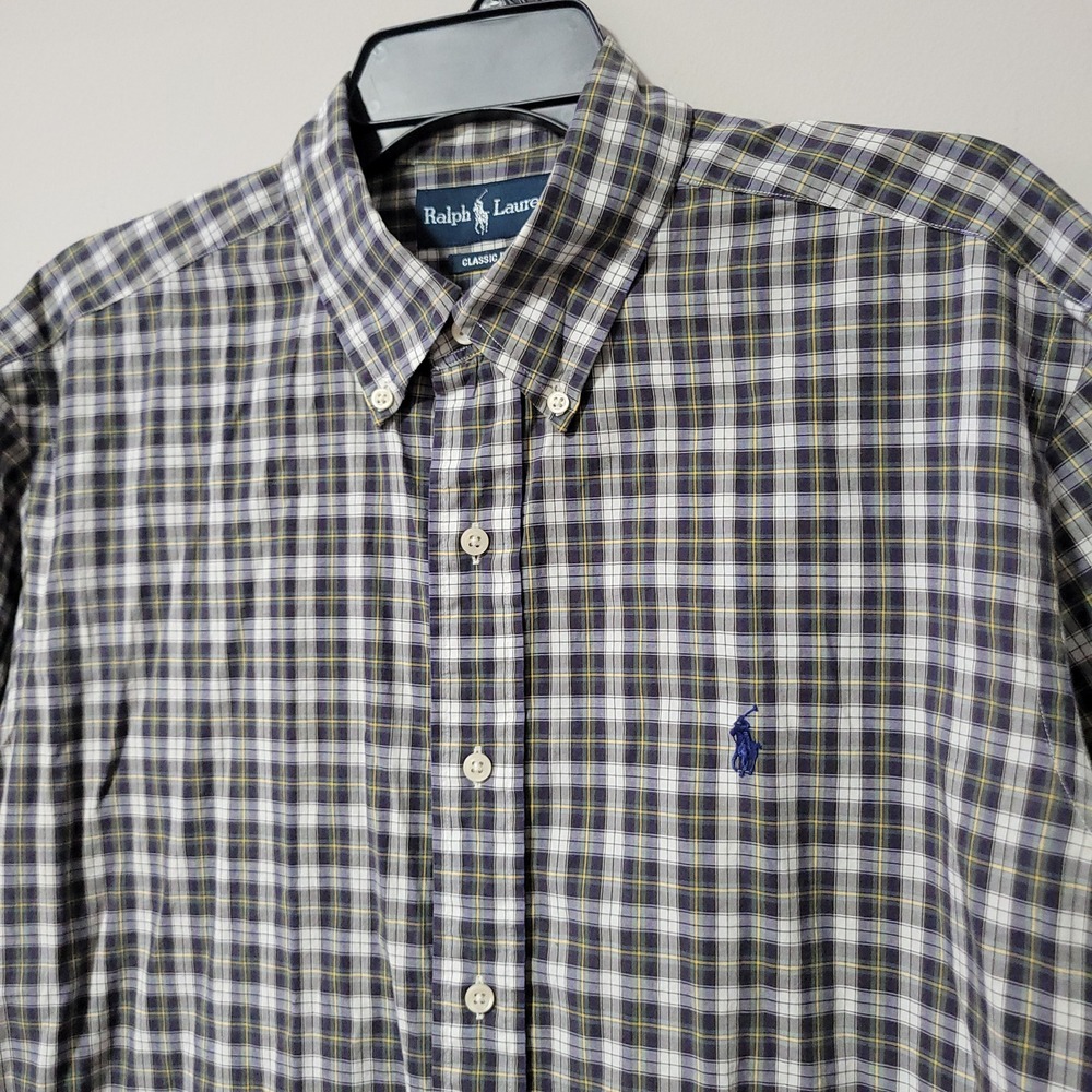 Polo Ralph Lauren Plaid Button Down Shirt Mens M Blue Gray Short Sleeve Pony